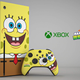 A full shot of the SpongeBob SquarePants Xbox Series X, complete with controller.